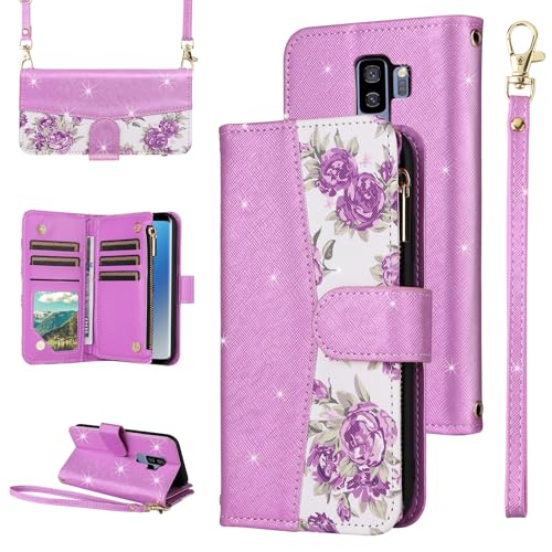 Furiet for Samsung Galaxy S9 Plus Floral Wallet Case with Flip Zipper Purse Wrist Strap Shoulder Strap, Luxury Glitter PU Leather Card Holder Stand Phone Cover for S9+ 9S 9+ S 9 9plus S9plus Purple