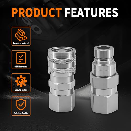 Image of 1 /2'' NPT Flat Face Hydraulic Quick Couplers Set Compatible with Bobcat Skid Steer and Other Hydraulic Equipment, ISO16028 Standard