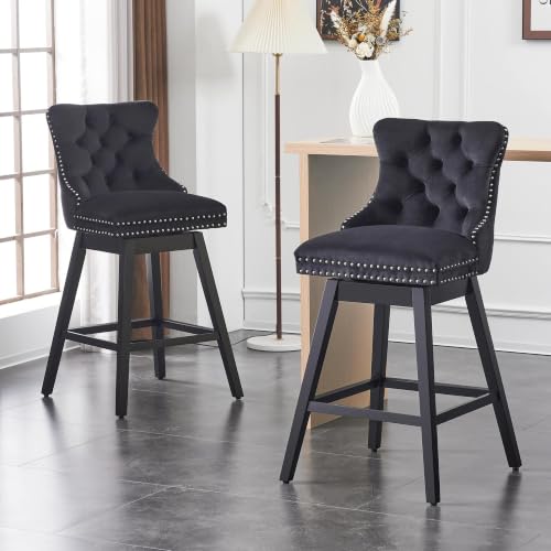 Image of Black Swivel Bar Stools, Velvet Counter Height Bar Stools Set of 2