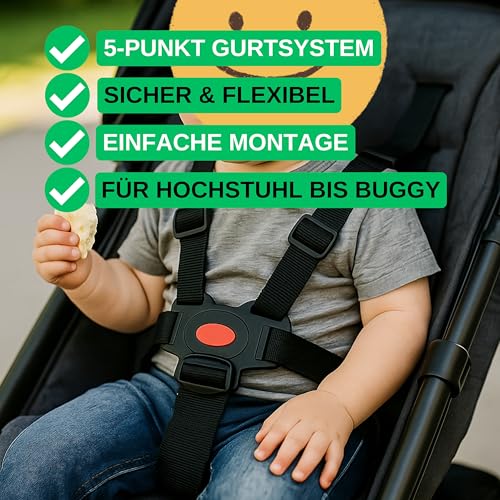 5-Punkt-Gurtsystem mit Abschnallschutz Schnalle, für Hochstuhl, Kinderwagen und Buggy, Schwarz, einfach Anzubringen, mit Stegschnallen für feste Schlaufen, Kinderstuhl Sicherheitsgurt, Anschnallgurt