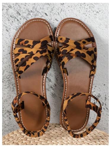 GORGLITTER Women's Leopard Print Flat Sandals Cheetah Criss Cross Strappy Open Toe Ankle Strap Dressy Sandal2