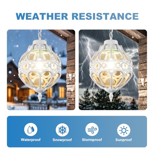 Globe Outdoor Pendant Lights, White Aluminum Waterproof Hanging Light Fixture for Porch Entryway Hallway, Vintage Round Exterior Chandelier, Outside Pendant Lamp with Amber Glass, 2 Pack