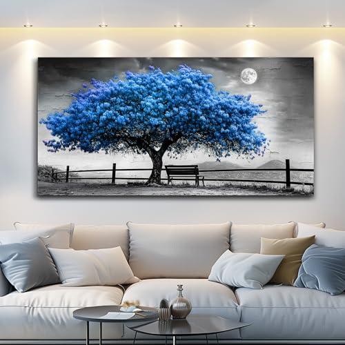 FUHAIHUA Large Wall Decor For Living Room Canvas Wall Art For Office Modern Wall Decorations For Bedroom Black And White Landscape Painting Blue Tree Pictures Artwork Room Home Decor 24x48 In