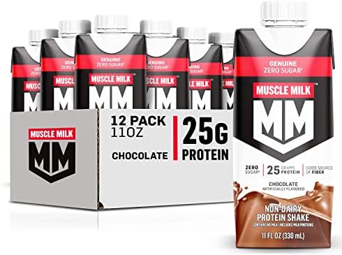 Muscle Milk Genuine Protein Shake, Chocolate, 11 Fl Oz Carton, 12 Pack, 25g Protein, Zero Sugar, Calcium, Vitamins A, C & D, 5g Fiber, Energizing Snack, Workout Recovery, Packaging May Vary