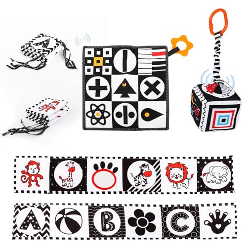 MXTIMWAN Libros de Tela en Blanco y Negro, Juguetes Bebes 0-12 Meses, Bebe en Blanco y Negro Juguetes Montessori para Regalo Educativo Bebés 0-12 Meses