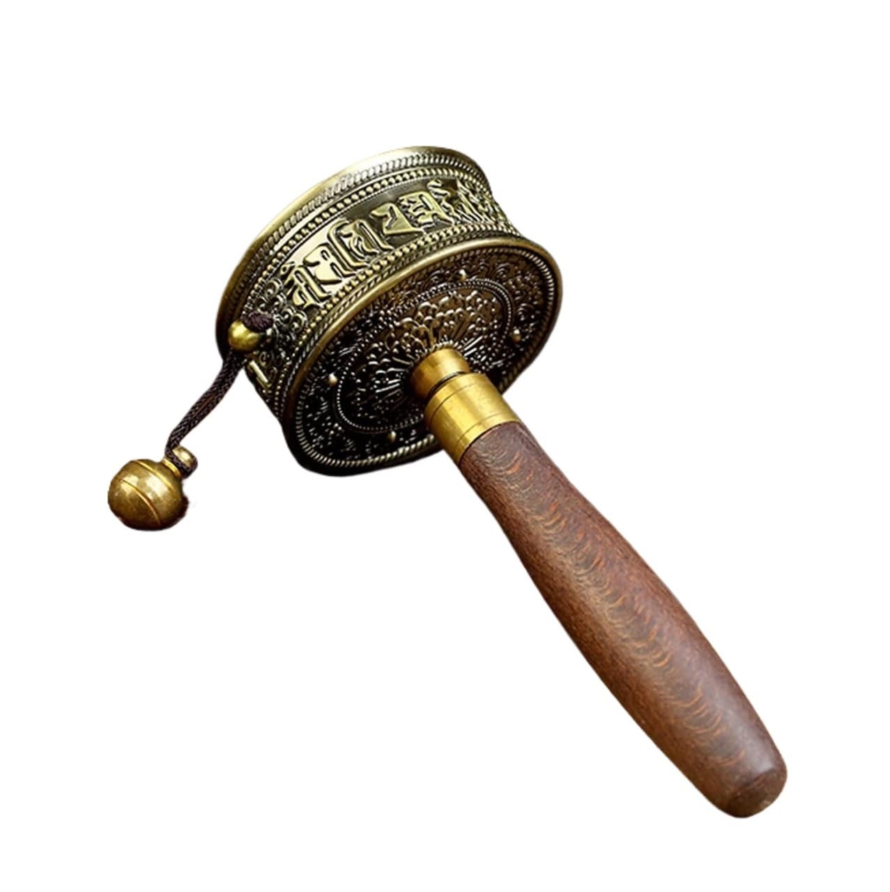 Rueda de oración tibetana, Rueda de oración tibetana con mango de madera, rodamientos dobles, pergamino de oración, latón(Bronze)
