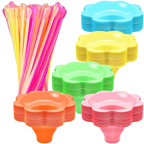 Qinsihwn 200 Pcs Colorful Snow Cone Cups with Spoon Straws,Flower Shaped Ice Cream Cup,Plastic Cone Snacks Cups for Summer Holiday,Party Trifle and Shaved Ice