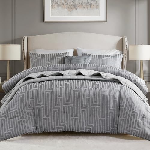 Madison Park King Comforter Set Jacquard Metallic Thread Comforters, All Season Comforter & Quilt Bedding Set King Size Comforter, Decor Pillows, Shams, Royce, King Grey 5 Piece