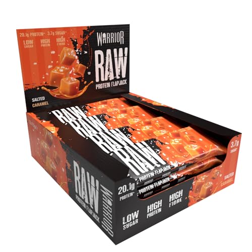 Warrior Raw Protein Flapjacks – 12 Bars x 75g Each – Packed with 20g of Protein – Low Sugar, High in Fibre (Salted Caramel)