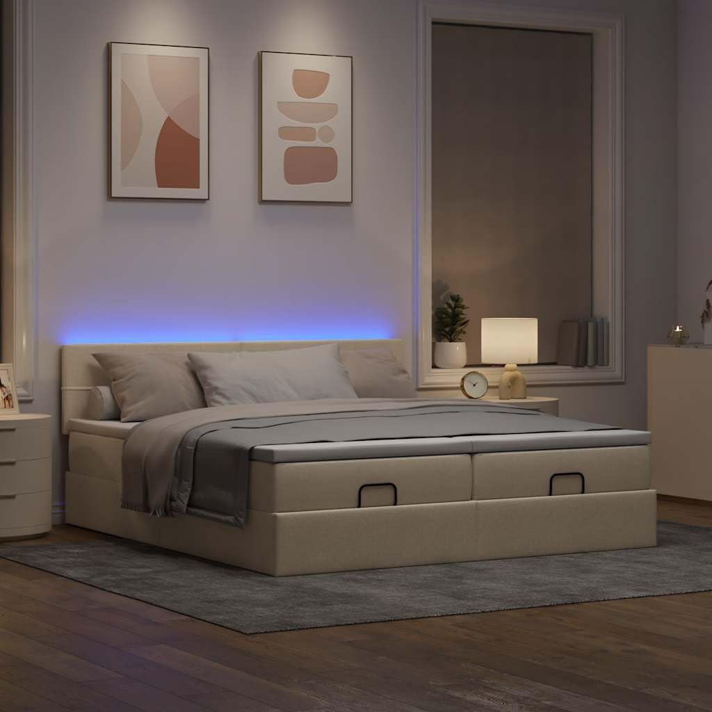 Otoman Storage Bed with Mattresses & LED Lights, Cream Fabric Upholstered Platform Bed Frame Bed, 200 x 200 cm King Size with Headboard, Port USB, Pocket Spring Mattress do sypialni