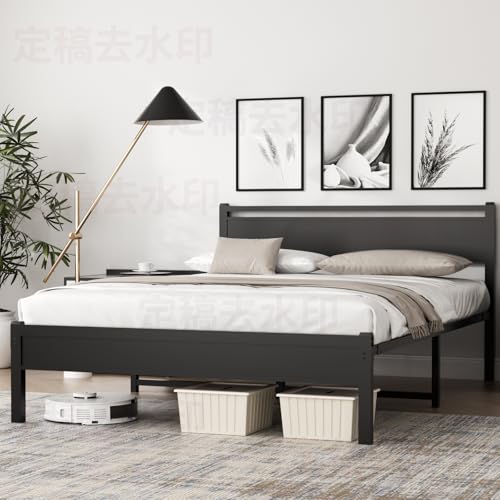 Image of 18 Inch Queen Bed Frame, Heavy Duty Platform Metal Queen Size Bed Frame with Headboard and Modern Wooden Footboard, Large Under Bed Storage, Quite Design, No Box Spring Needed, Black