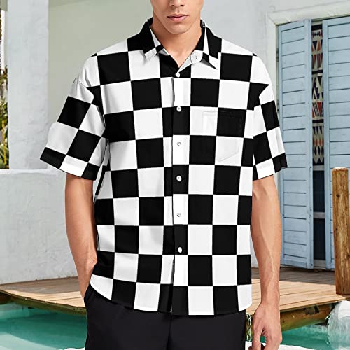Black White Race Checkered Flag Pattern Men's Short Sleeve Casual Loose Button Down Shirt Hawaiian Beach Shirt4