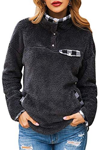 Women Sweatshirts Casual Fuzzy Fleece Plaid Sherpa Pullover Coat With Pocket Grey M