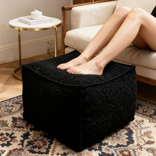 Kinevoli Square Boucle Pouf Ottoman Footrest Soft & Lightweight Footstool with Foam Filling for Living Room & Bedroom Laid-Back Lounge Style