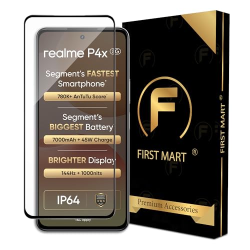 Image of FIRST MART Military-Grade Gorilla Tempered Glass For Realme P4x (6.72 Inch) With Edge To Edge Screen Coverage and Easy Installation Kit |Black