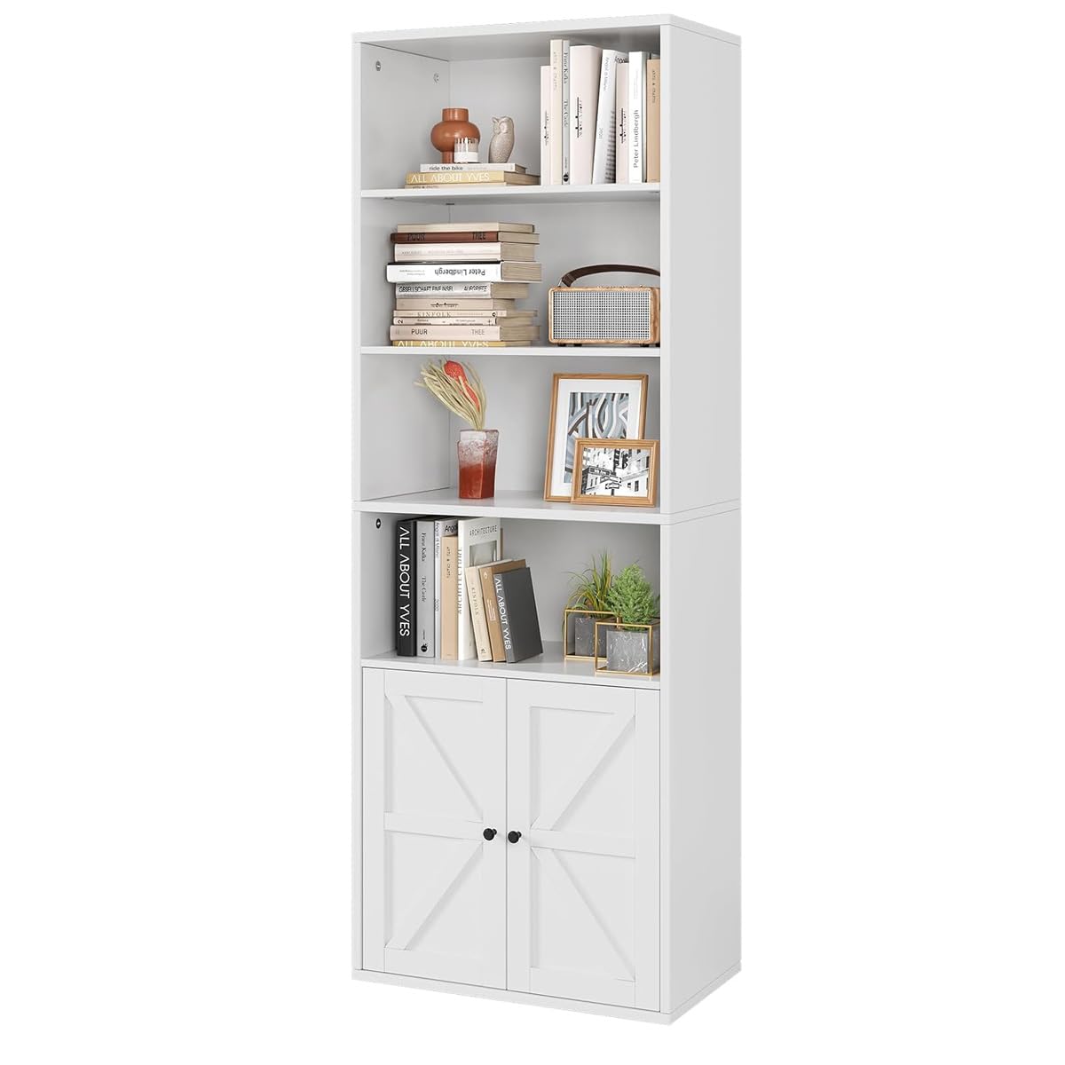 Librería Alta con Puertas de Estilo Granero, Estantería Rústica con 4 Niveles Abiertos y Armario, para Oficina, Estudio, Salón y Dormitorio, Blanco, 60x30x181cm
