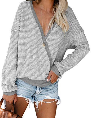 Long Sleeve V Neck Tops for Women Fall Waffle Knit Pullover Sweaters Low Cut Shirts Grey S