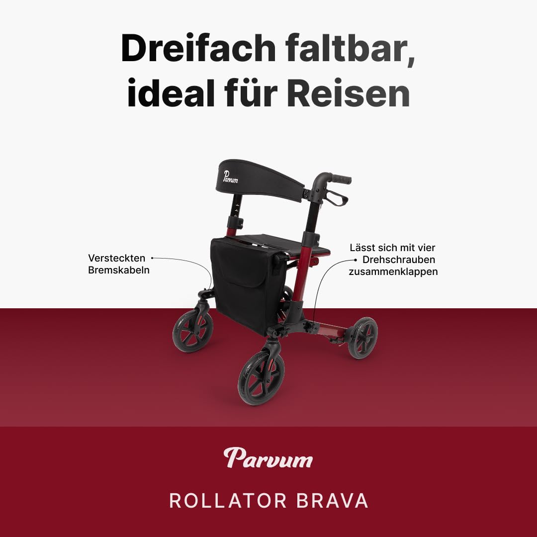 Brava Rollator – Leicht, stabil & 3-fach faltbar – Mit integriertem Bremssystem, Sitz, Rückenlehne, Tasche, Stockhalter & semi-soft Rädern – nur 6,8 kg – Gehhilfe für Senioren - Rubinrot