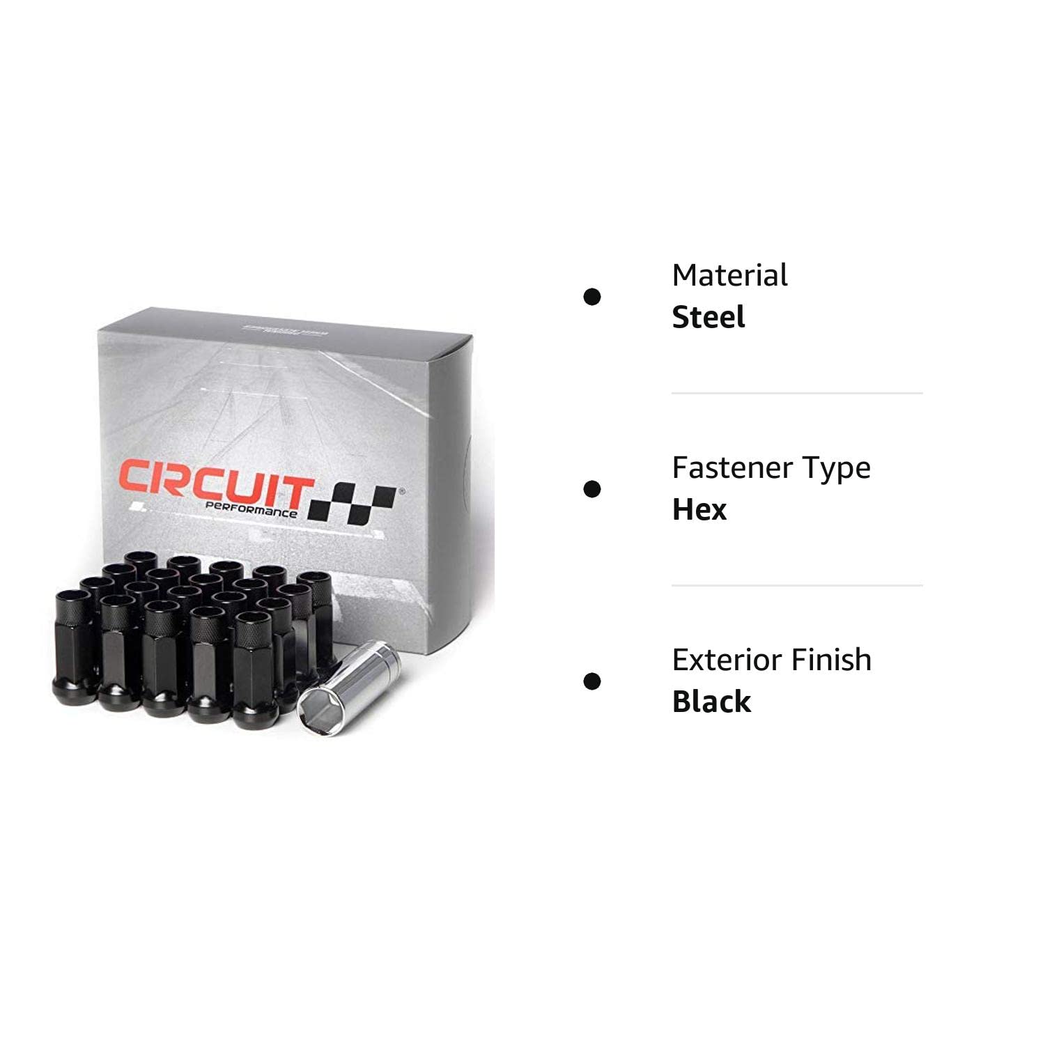 Circuit Performance Forged Steel Extended Open End Hex Lug Nut for Aftermarket Wheels: 12x1.5 Black - 20 Piece Set + Tool