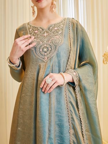 Image of MOKOSH Women's Silk Anarkali Kurta Palazzo with Dupatta | Anarkali Kurti Set | Embroidered | Sweetheart Neck Full Sleeve Ethnic Suit | 3 Piece Outfit