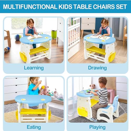 Image of Kids Study Table with Chair Height Adjustable 5 to 10 Years Boys Girls Student Study Desk Chair Combo Children for Home Reading Writing with Table Pen and Book Holder (Blue)