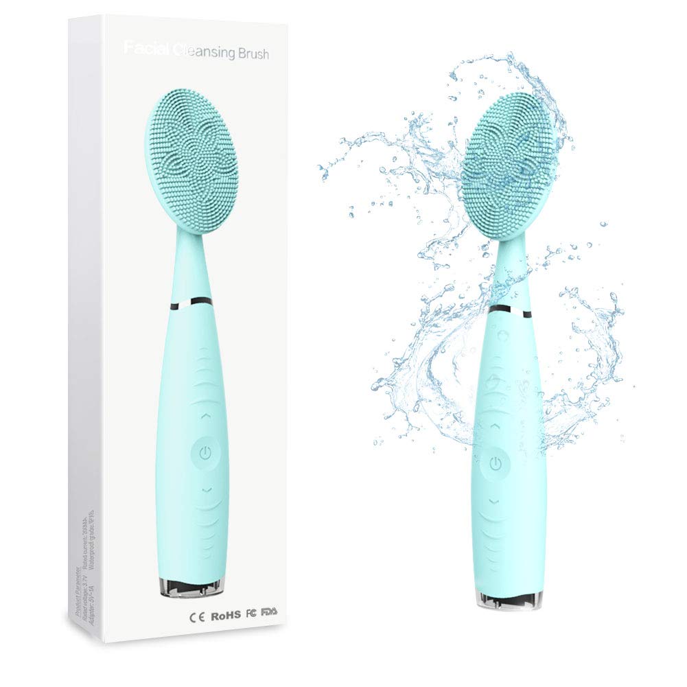 KORSMALL Facial Cleansing Brush, 5 Adjustable Speed Silicone Face Brush, IPX6 Waterproof and Rechargeable Hand-held Electric Cleansing Instrument for Deep Cleansing, Remove Dirt and Massaging (Blue)