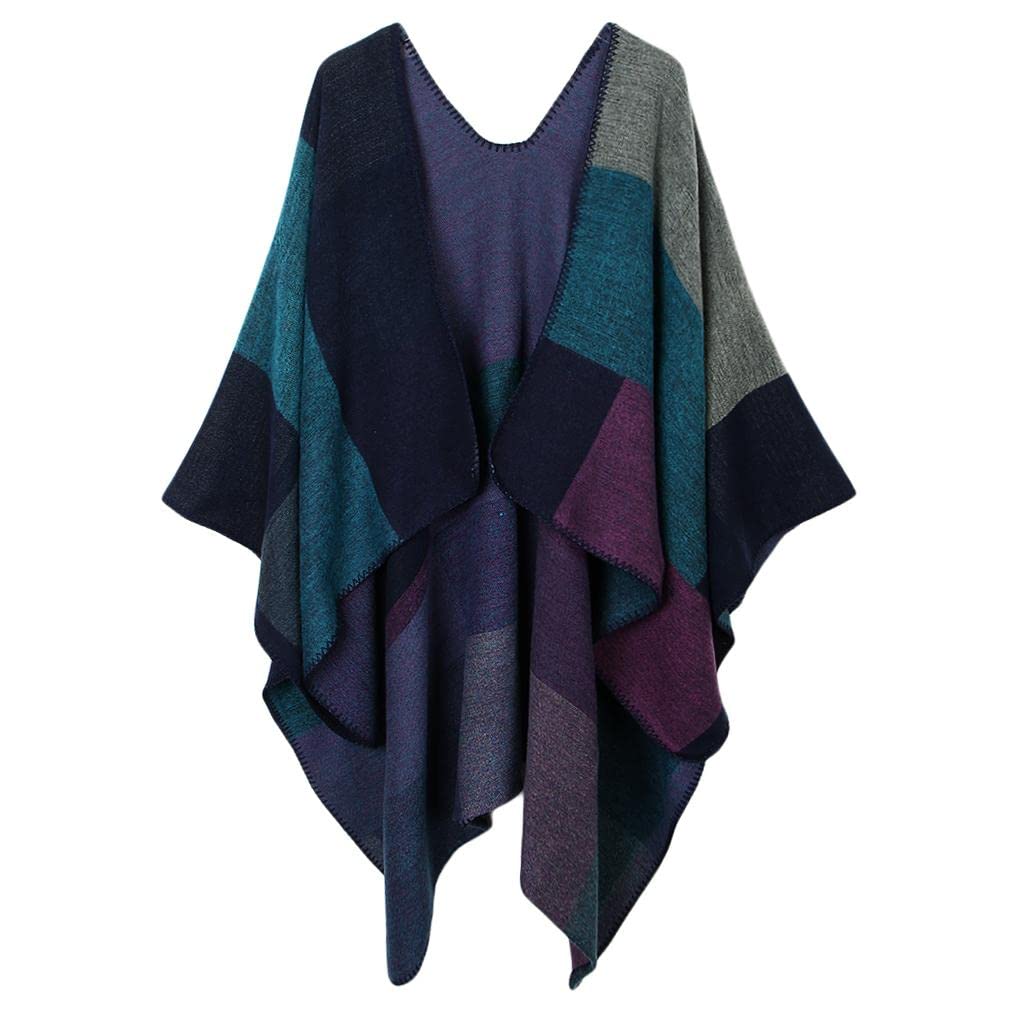Women's Plaid Color Block Shawl Wrap Open Front Poncho Cape Cardigan Purple|Clothing Shoes & Accessories | Womens Clothing | Sweaters-image-7