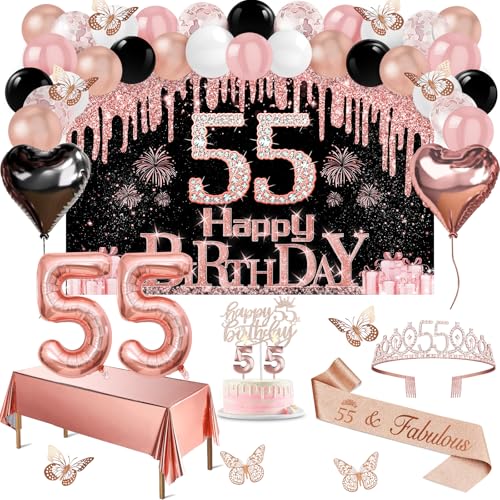 55th Birthday Decorations for Women 49pcs Black Rose Gold Black Happy 55th Birthday Banner Tablecloth Butterfly Decor Sash and Tiara Cake Topper Candles Balloons Arch
