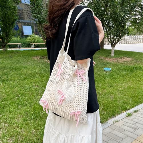 Cute Beach Bag, Mesh Knitted Bow Tote Bag, Bohemian Style, Sweet and Cute, Large Capacity, Suitable for Girls and Ladies Summer Beach Vacation4