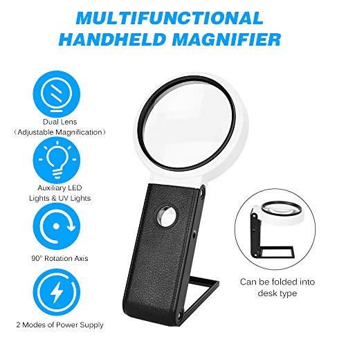 Lupa portátil Lupa multifuncional de 90 mm 5X / 25X Ampliação ajustável Espelho Redondo Dobrável com