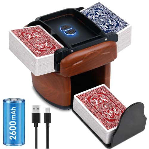 GMGXX Kartenmischmaschine Elektrische für 1-4 Decks, USB Aufladbarer Kartenmischer mit 2600 mAh Akku, Auto & Manuell Modus, Klemmsicher Karten Mischgerät für Poker, UNO, Skip BO, Phase 10-Holzoptik