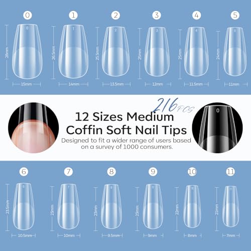 Image of Modelones Medium Coffin Nail Tips Pre-shaped Soft Gel Fake Nails False Full | Fake Nails False Acrylic Clear Full Cover Press on Extension Kit Gel Manicure DIY at Home 216PCS 12Sizes