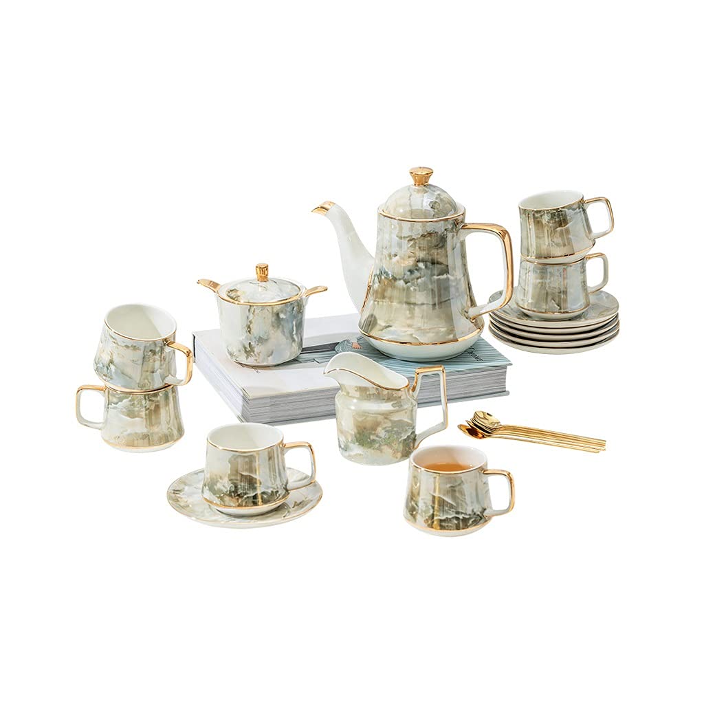 TYUHDUYUR Marbleing Coffee Sets Bone China Teaware Porcelain Coffeepot Creamer Saucer Bowl Cup Saucer Coffeeware