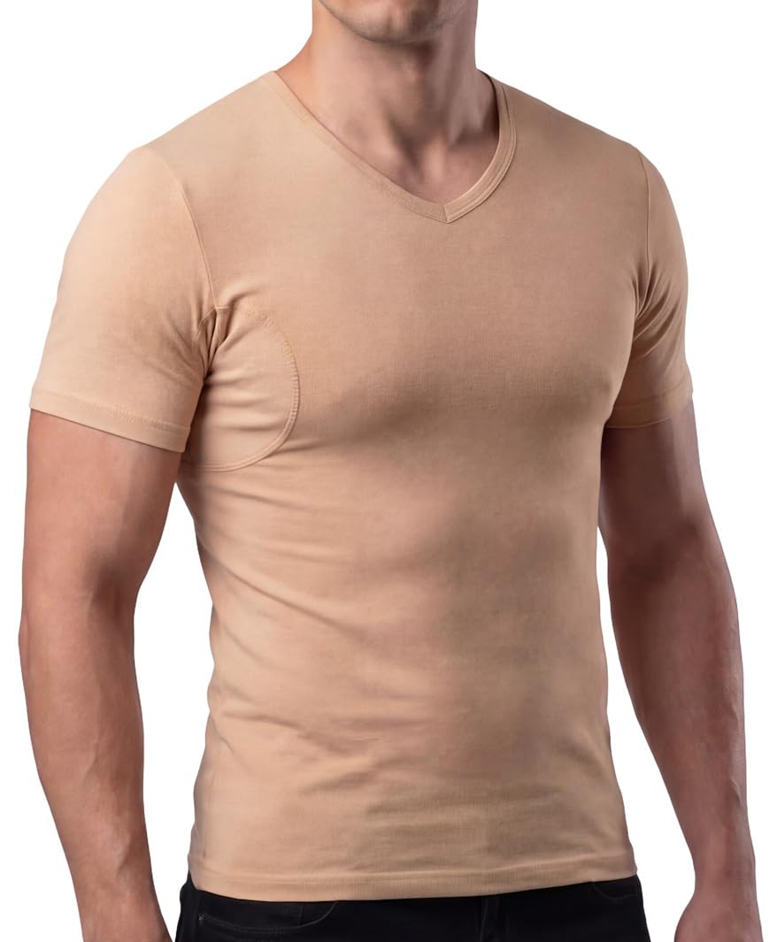 Canottiera intima da uomo color pelle, con inserti contro macchie di sudore, invisibile a mezza manica e scollo a V