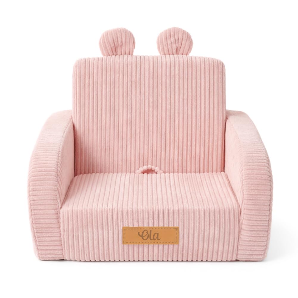 Flumi Kindersessel klappbar personalisiert mit Namen, Kindersofa ausklappbar mit Liegefunktion, Kinder Couch für Kinderzimmer (Cord rosa)