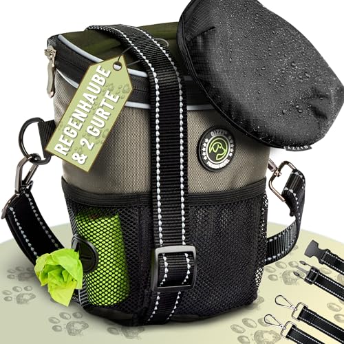 GIZZY® DAS ORIGINAL | Leckerlitasche für Hunde + REGENHAUBE | Leckerlibeutel für Hunde mit praktischer Einhand-Öffnung | Hunde Leckerlitasche für Training & Welpenerziehung | Gassi Tasche Hund [Beige]