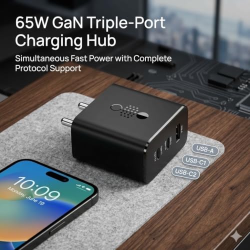 Image of Scalebee 65W GaN Fast Charger 3-Port Type C Wall Charger Power Adapter (2 USB-C & 1 USB-A) PD 3.0 Compact Travel Charging Station for MacBook Pro /Air, iPhone 15 /14 /13, iPad, Samsung, Laptops