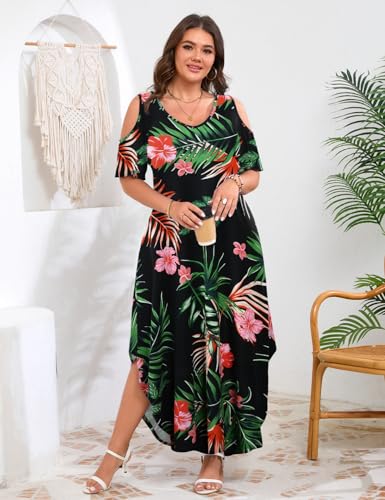 Image of JollieLovin Womens Plus Size Casual Summer Maxi Long Dress Cold Shoulder V Neck Beach Sundresses