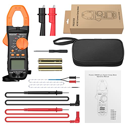 Proster Digital Clamp Meter Trms 6000Counts, 800A Dc Ac Current Ac/Dc Voltage Ncv Continuity Capacitance Resistance Frequency Diode Hz Test, With1 Pairtest Leads 1 Pair Alligator Clips #TOP7