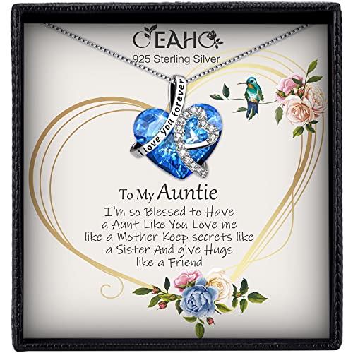 oyeaho Aunt Necklace with Big Blue Crystal; Preserved Rose with Drawer 925 Sterling Silver Necklace Heart Pendant Necklace I Love You Necklace Aunt Gift with Gift Card Birthday Gift for Girls Women