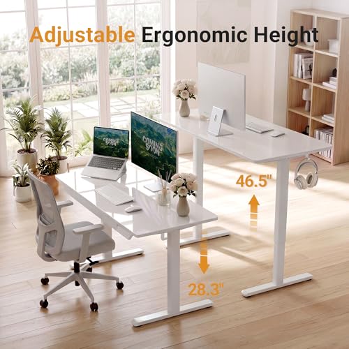 Image of YDN Glass Standing Desk with Drawer, 55 x 24 Inches Electric Adjustable Height Desk, Sit Stand Home Office Desk with Tempered Glass Top, 4 Memory Presets Ergonomic Computer Desk, Super White