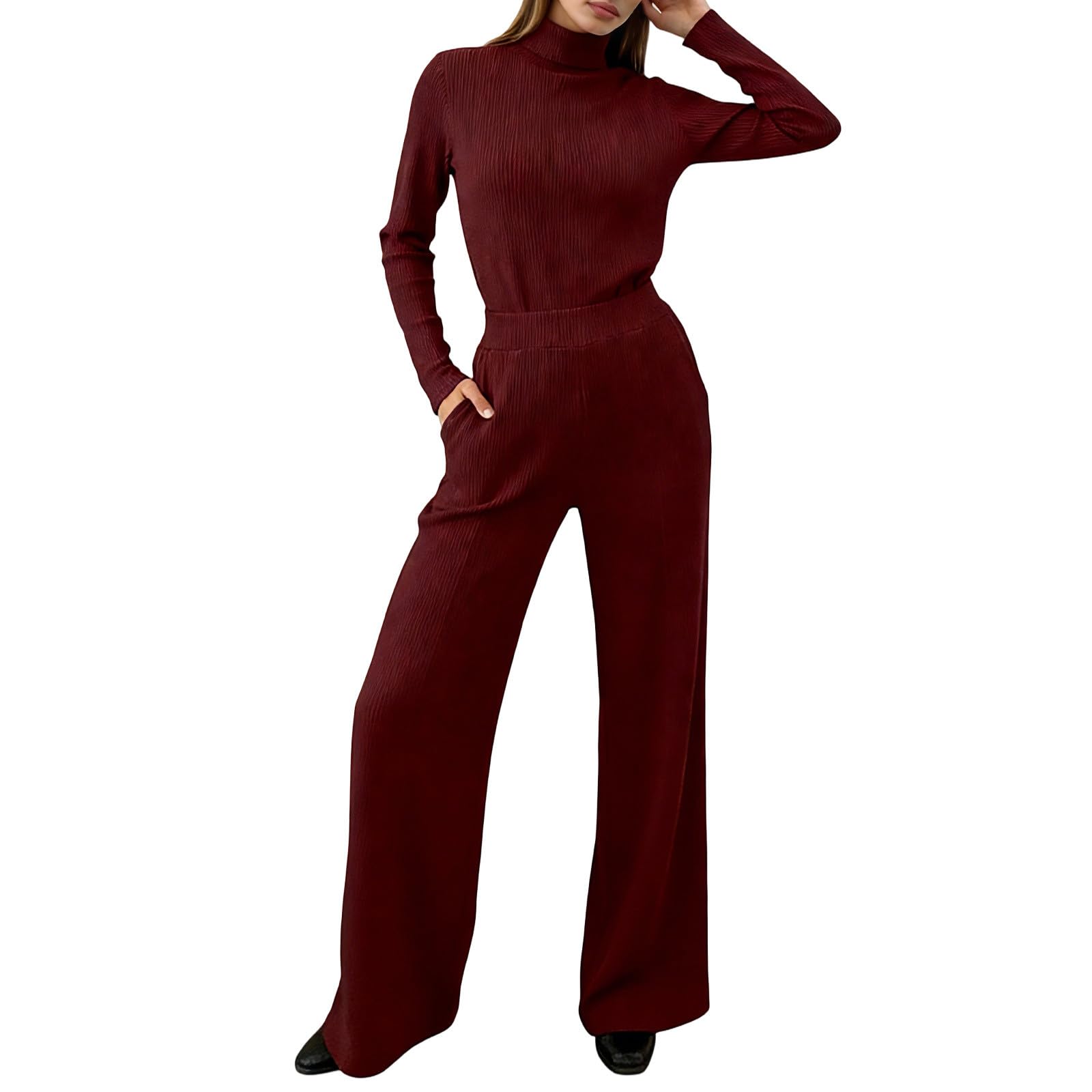 elegante e raffinato da donna autunno/inverno: maglione lavorato a maglia con collo alto + pantaloni a gamba larga