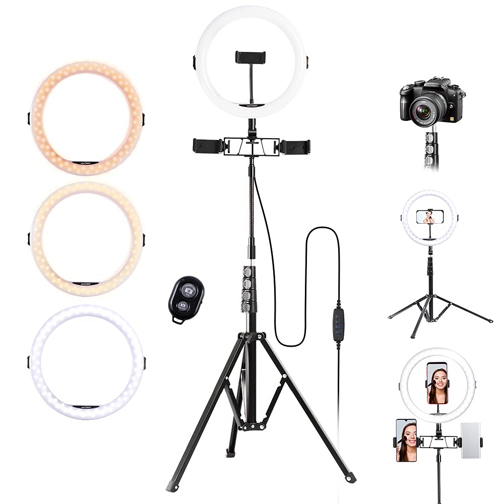 K&F Concept Strong Ring Light with Stand, 3 Phone Holders, Remote Control, Dimmable Ring Light (10” Carry with 95" Light Stand)