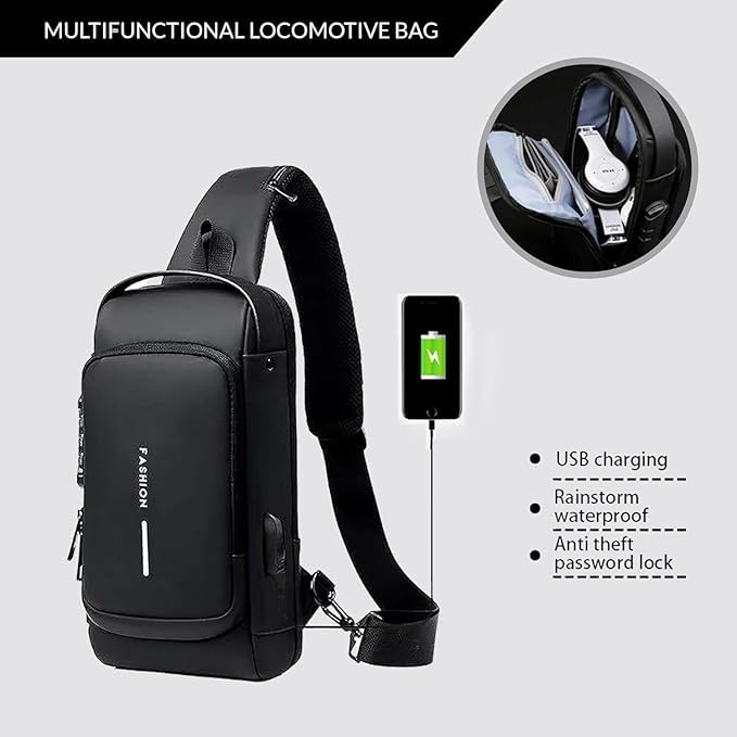 Image of Zollyss Multifunctional Sling Bag For Men & Women With USB Charging Port, Waterproof, Anti-theft Lock, 32x21x9 cm
