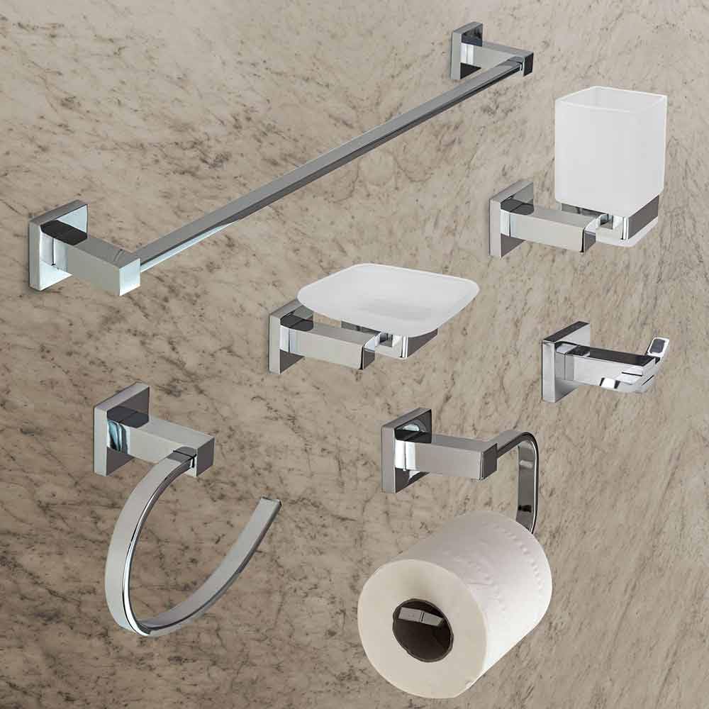 Vetrineinrete® Set Bagno Moderno Quadrato in Acciaio Cromato e Vetro Satinato Opaco 6 Pezzi Accessori arredo Bagno F3