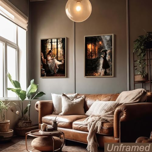 Image of NCYEL 2Pcs Dark Academy Canvas Wall Art Painting Book Reading Print Vintage Style Drawing Gothic Poster Girl Street Scene Picture Library Study Bedroom Decor Literature Gallery 12x16 Inch Unframed