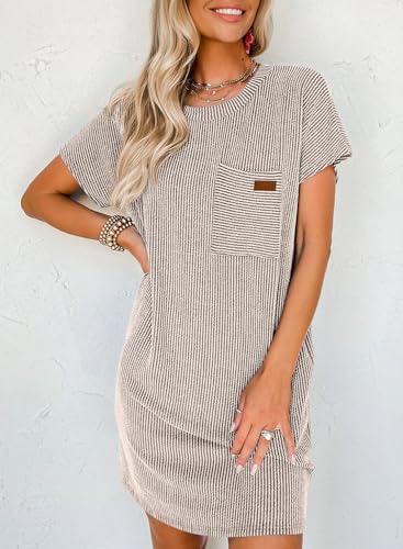 Image of Acelitt Womens Casual Summer Crewneck Short Sleeve Ribbed Mini Tshirt Dress, XS-3XL