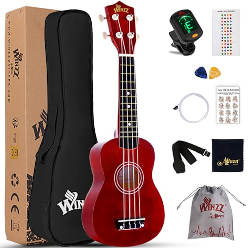 Winzz Ukulele Bambini 21 Pollici, Ukulele Soprano Adulti Principianti Set, Ukulele Rosso con Accordatore, Custodia,...
