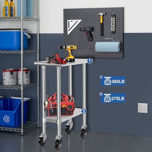 Image of HARDURA Stainless Steel Commercial Table Prep & Work Table with Casters Heavy Duty Metal Table with Wheels NSF 430 30x12 Inches
