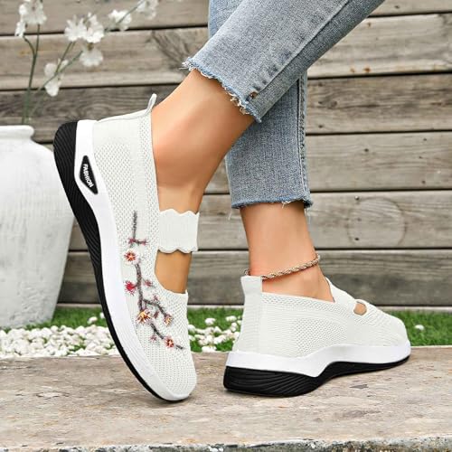 Chaussures décontractées pour femmes blanches brodées et légères - 5